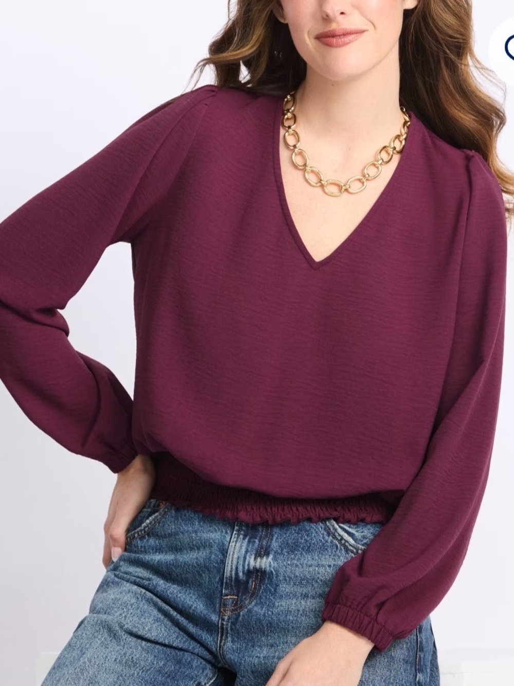 nine britton Plum V-Neck Smocked-Hem Long Sleeve Blouse